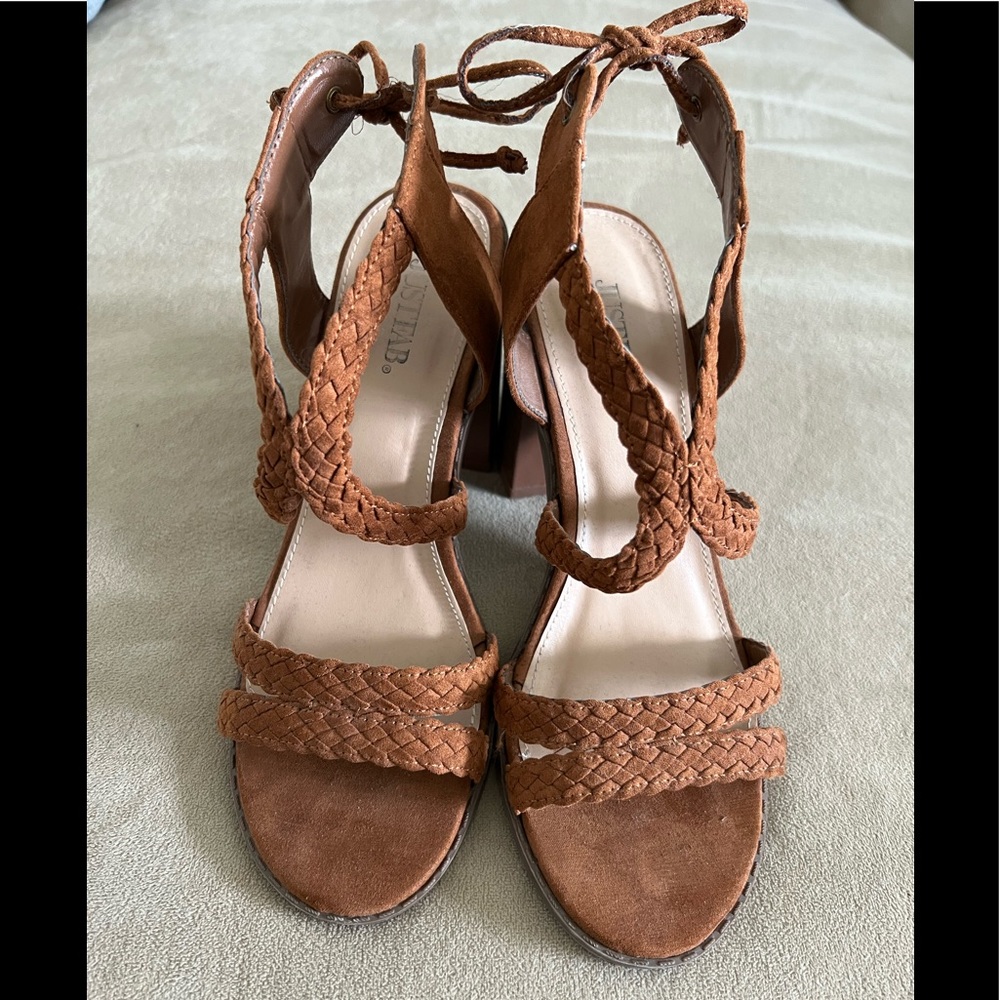 JustFab Brenda Braided Heeled Sandal in Cognac